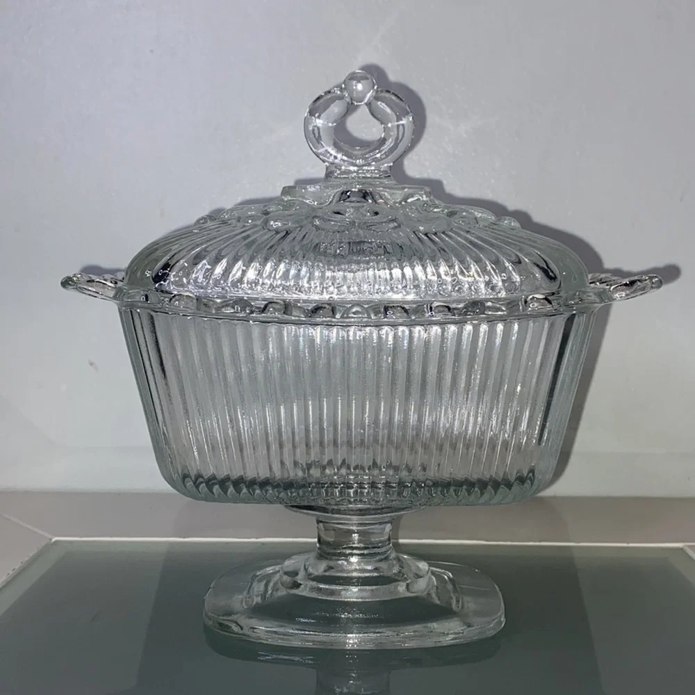 Vintage Indiana Glass Clear Lace Edge Pedestal Candy Bowl with Lid